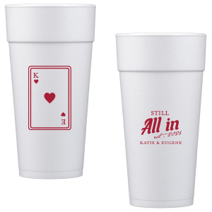 Celebrate lasting love with the Playing Card Still All In Anniversary Cup. One side adorns a hearts playing card graphic, personalized with your initials. The other side is inscribed with "Still All In," alongside the celebratory year and the couple's names, symbolizing a winning hand in marriage.
