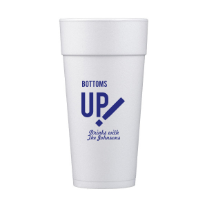 Cheers to good times with the Bottoms Up! Cup, where 'BOTTOMS UP' makes a bold statement next to an energetic exclamation mark. 'Drinks with [Hosts]' invites guests to join in the fun, cup in hand and spirits high.