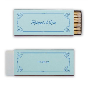 "Light up the elegance with the Rococo Frame Matchbox, where every corner blooms with lavish flourishes. The front boasts the couple's names in finery, while the back winks with the date, all adding a spark of old-world charm.