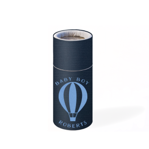 Custom Linen Navy Blue Barrel Matchbox with Shiny Sky Blue Foil has a Hot Air Balloon 2 graphic and is good for use in Travel, Baby Shower themed parties and will add that special attention to detail that cannot be overlooked.