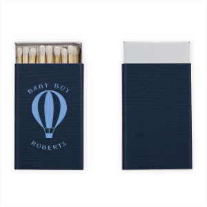 Custom Linen Navy Blue Barrel Matchbox with Shiny Sky Blue Foil has a Hot Air Balloon 2 graphic and is good for use in Travel, Baby Shower themed parties and will add that special attention to detail that cannot be overlooked.