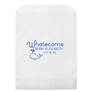 Personalized White Gift Bag with Shiny Turquoise Foil has a Whale graphic and is good for use in Animals, Birthday, Kid Birthday and Baby Shower themed parties and are a must-have for your next event—whatever the celebration!