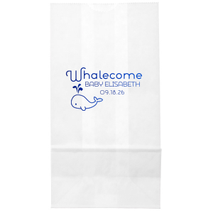 Personalized White Gift Bag with Shiny Turquoise Foil has a Whale graphic and is good for use in Animals, Birthday, Kid Birthday and Baby Shower themed parties and are a must-have for your next event—whatever the celebration!