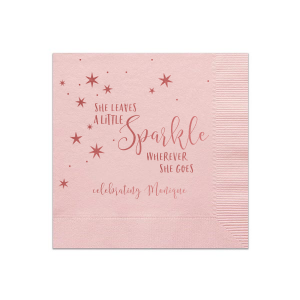 The She Leaves a Little Sparkle Napkin design captures the enchantment of a truly radiant personality. Stars twinkle around the whimsical script of "Sparkle," highlighting the joyous celebration of a person whose presence is as captivating and delightful as stardust.