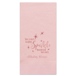The She Leaves a Little Sparkle Napkin design captures the enchantment of a truly radiant personality. Stars twinkle around the whimsical script of "Sparkle," highlighting the joyous celebration of a person whose presence is as captivating and delightful as stardust.