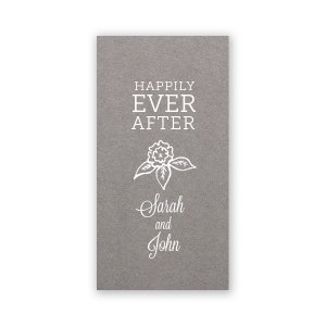 Commemorate your nuptials with the Happily Ever After Wedding Bookmark, where timeless block text meets a delicate floral sketch. Swirled script signatures below weave a tale of romance, offering guests a literary keepsake of your union.