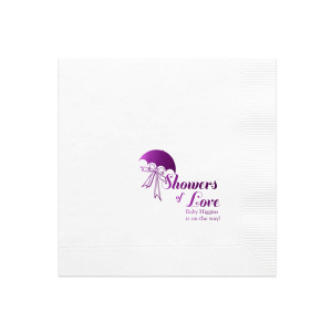 Personalized Honeydew Cocktail Napkin with Shiny Amethyst Foil has a Umbrella with Bow graphic and is good for use in Baby Shower and Bridal Shower themed parties and will make your guests swoon. Personalize your party's theme today.