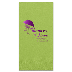 Personalized Honeydew Cocktail Napkin with Shiny Amethyst Foil has a Umbrella with Bow graphic and is good for use in Baby Shower and Bridal Shower themed parties and will make your guests swoon. Personalize your party's theme today.