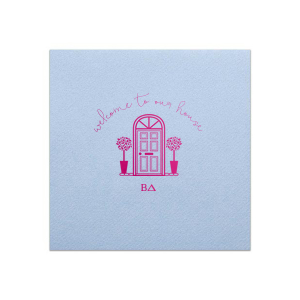 Our personalized Powder Blue Cocktail Napkin with Shiny Fuchsia Foil has a Door graphic and is good for use in Home themed parties and will impress guests like no other. Make this party unforgettable.