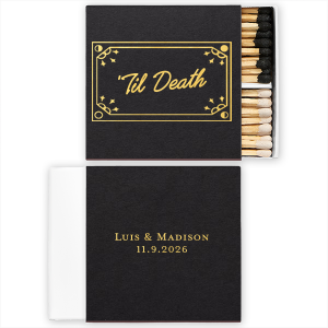 One of our most popular designs just got better with the Til Death Framed Matchbox. The elegant design features a decorative frame around customizable text in your choice of colors. Personalize your design today to create a unique keepsake for your next special occasion. 