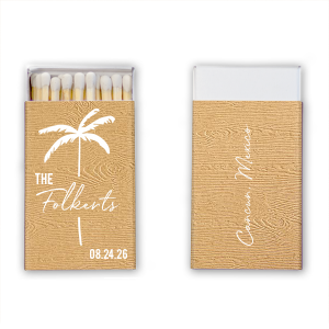 Your guests will be impressed by the tropical Palm Tree Wedding Matchbox at your next event! The wood textured paper gives it a natural feel that adds another touch of uniqueness to your keepsakes. Customize the text in your choice of fonts and colors to best match the vibe of your summertime bash.