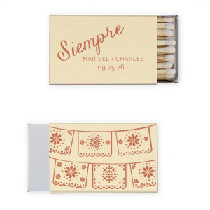 Your parties will always be a hit with the Siempre Matchbox. The simple but festive design features personalized text in colorful foil on your choice of color paper. Perfect for anniversaries, weddings, or even house warmings!