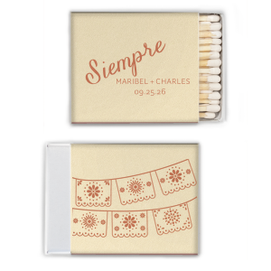 Your parties will always be a hit with the Siempre Matchbox. The simple but festive design features personalized text in colorful foil on your choice of color paper. Perfect for anniversaries, weddings, or even house warmings!