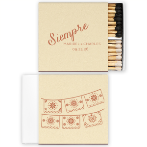 Your parties will always be a hit with the Siempre Matchbox. The simple but festive design features personalized text in colorful foil on your choice of color paper. Perfect for anniversaries, weddings, or even house warmings!