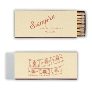 Your parties will always be a hit with the Siempre Matchbox. The simple but festive design features personalized text in colorful foil on your choice of color paper. Perfect for anniversaries, weddings, or even house warmings!