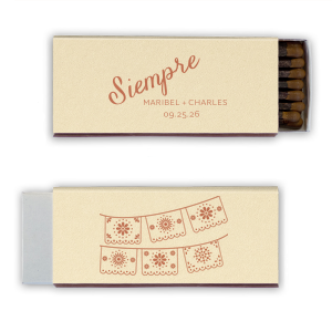 Your parties will always be a hit with the Siempre Matchbox. The simple but festive design features personalized text in colorful foil on your choice of color paper. Perfect for anniversaries, weddings, or even house warmings!