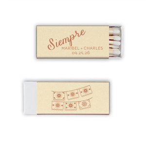 Your parties will always be a hit with the Siempre Matchbox. The simple but festive design features personalized text in colorful foil on your choice of color paper. Perfect for anniversaries, weddings, or even house warmings!