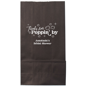 Send guests home with an unforgettable treat with the Thanks For Poppin' By Bag. Available in a variety of colors and style to best match your event's unique vibe, the sturdy and memorable bag is perfect for take home treats.
