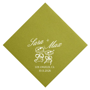 The Wedding Glass & Bow Napkin is the must have trendy design for your one of a kind lifetime event. Featuring hand-drawn bows tied around champagne glasses alongside customizable text in your choice of styles and colors to best personalize to your tastes.