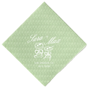 The Wedding Glass & Bow Napkin is the must have trendy design for your one of a kind lifetime event. Featuring hand-drawn bows tied around champagne glasses alongside customizable text in your choice of styles and colors to best personalize to your tastes.