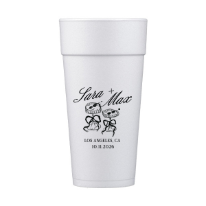 The Wedding Glass & Bow Cup is the must have trendy design for your one of a kind lifetime event. Featuring hand-drawn bows tied around champagne glasses alongside customizable text in the screen printed ink color of your choice to best pair with your party's vibe.