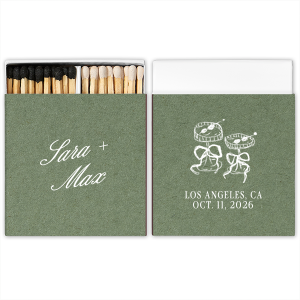 The Wedding Glass & Bow Matchbox is the stylish and trendy design for your next big party event. Featuring hand-drawn bows tied around champagne glasses alongside customizable text in the foil stamp and paper color of your choice to best pair with your party's vibe.