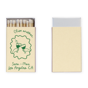 Keep the good times coming with the Olive Another Cheers Matchbox. Featuring a hand-drawn pair of glasses cheersing within a ribbon frame, the design is fully customizable in your choice of text and foil stamp colors to best match your party's aesthetic.