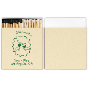 Keep the good times coming with the Olive Another Cheers Matchbox. Featuring a hand-drawn pair of glasses cheersing within a ribbon frame, the design is fully customizable in your choice of text and foil stamp colors to best match your party's aesthetic.