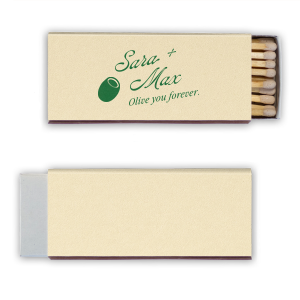The Olive You Forever Matchbook makes for a great memento to share with your friends and loved ones. Customize the classy design in your choice of foil stamp and paper colors to create a unique keepsake for your next engagement, wedding, or anniversary party!