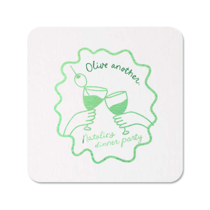 Make your party the coolest around with the Olive Another Cheers Coaster. Featuring a hand-drawn pair of glasses cheersing within a ribbon frame, the design is fully customizable in your choice of text and foil stamp colors to best match your party's aesthetic.
