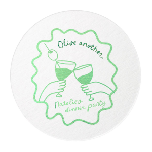 Make your party the coolest around with the Olive Another Cheers Coaster. Featuring a hand-drawn pair of glasses cheersing within a ribbon frame, the design is fully customizable in your choice of text and foil stamp colors to best match your party's aesthetic.