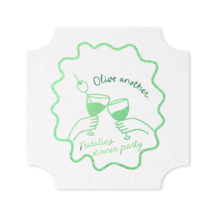 Make your party the coolest around with the Olive Another Cheers Coaster. Featuring a hand-drawn pair of glasses cheersing within a ribbon frame, the design is fully customizable in your choice of text and foil stamp colors to best match your party's aesthetic.