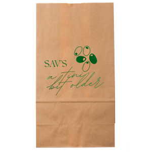Create a lasting memento with the A Tini Bit Older Birthday Bag. Featuring customizable text in your choice of foil stamp and paper colors, the cheeky gift bag makes for a perfect sending home guests with treats and party favors.