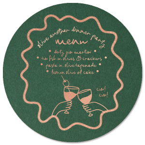 The Olive Another Dinner Party Circle Menu is a perfect addition to your next momentous party event. The unique program features customizable text in the foil stamp and paper colors of your choice. Create your bespoke design today!