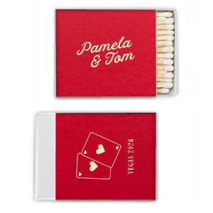 Channeling the iconic glitz of 1950s Las Vegas, the Vegas Baby Cards Matchbox ignites a nostalgic spark with its retro font and playful card illustration. Perfect for a destination wedding, it's a match made in vintage heaven, inviting guests to bet on love and luck in Sin City style.