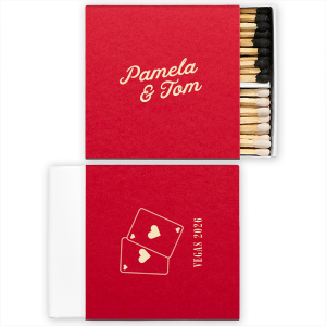 Channeling the iconic glitz of 1950s Las Vegas, the Vegas Baby Cards Matchbox ignites a nostalgic spark with its retro font and playful card illustration. Perfect for a destination wedding, it's a match made in vintage heaven, inviting guests to bet on love and luck in Sin City style.