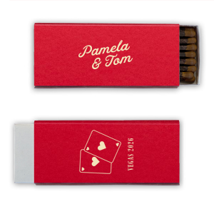 Channeling the iconic glitz of 1950s Las Vegas, the Vegas Baby Cards Matchbox ignites a nostalgic spark with its retro font and playful card illustration. Perfect for a destination wedding, it's a match made in vintage heaven, inviting guests to bet on love and luck in Sin City style.