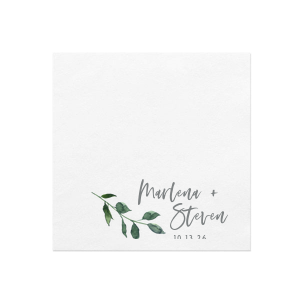 The Watercolor Branch Natural Flourish Names Napkin features a delicate, watercolored branch, adding a natural flourish. Beside this charming motif, the couple's names are presented in a sophisticated script with the event date simply written below. This design creates a harmonious blend of artistry and personalization, perfect for any celebration.