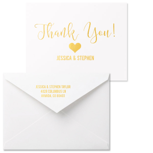 Express your gratitude with zest using the Thank You Heart Note Card, featuring 'Thank You!' in buoyant, expressive script. A bold heart punctuates the sentiment, with the couple’s names adding a personal signature, all nestled within an envelope ready for heartfelt messages.