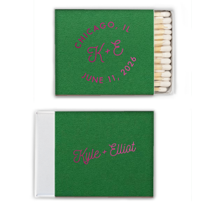 This custom Bespoke Logo Initials Stamp Wedding Match features a vibrant arched typography design and elegant cursive initials for a modern look, featuring your initials, names, and dates! Commemorate your special day by gifting these personalized keepsakes that guests will cherish long after the celebration. They are perfect for summer weddings or engagement parties.