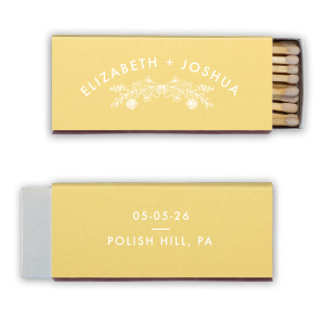 The Floral Bough Wedding Match presents a graceful bough design, symbolizing the blossoming union of a couple. Curved elegantly over this motif are the couple’s names, signifying their shared journey. On the back, the date and event location are tastefully featured, perfect for commemorating a special day.