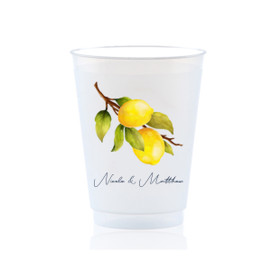 This custom cup adds a special flair to your wedding day. Featuring an image of a lemon, you can personalize a full color cup with your names on your wedding day. 