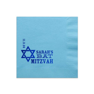 Mazel Tov to the Bat Mitzvah on her milestone moment! The Star of David Bat Mitzvah Napkin elegantly displays the celebrant's name and special date beside the Star of David. A symbolic and traditional design for this coming of age ceremony.