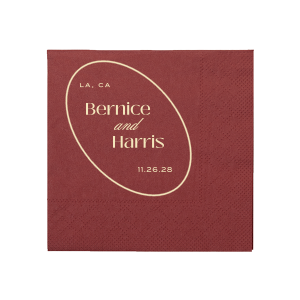 Create a sense of inclusion with the stylish Ringed Couple Names Napkin at your next special occasion. The stylish and functional napkin is perfect for weddings, engagements, home entertainment and so much more. Customize the product with your choice of text and colors to best represent your unique union! Featured in our Burgundy Wedding theme, match your special occasion with any number of stylish products to create a cohesive vision. 