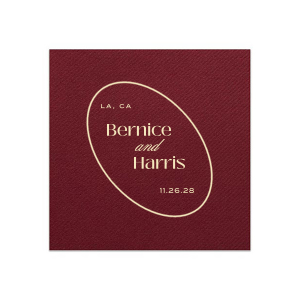 Create a sense of inclusion with the stylish Ringed Couple Names Napkin at your next special occasion. The stylish and functional napkin is perfect for weddings, engagements, home entertainment and so much more. Customize the product with your choice of text and colors to best represent your unique union! Featured in our Burgundy Wedding theme, match your special occasion with any number of stylish products to create a cohesive vision. 