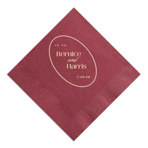 Create a sense of inclusion with the stylish Ringed Couple Names Napkin at your next special occasion. The stylish and functional napkin is perfect for weddings, engagements, home entertainment and so much more. Customize the product with your choice of text and colors to best represent your unique union! Featured in our Burgundy Wedding theme, match your special occasion with any number of stylish products to create a cohesive vision. 