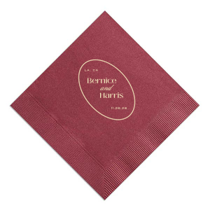 Create a sense of inclusion with the stylish Ringed Couple Names Napkin at your next special occasion. The stylish and functional napkin is perfect for weddings, engagements, home entertainment and so much more. Customize the product with your choice of text and colors to best represent your unique union! Featured in our Burgundy Wedding theme, match your special occasion with any number of stylish products to create a cohesive vision. 