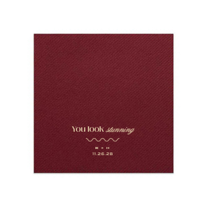The You Look Stunning Napkin is sure to delight and stun all guests at your next party event. The customizable napkins are averrable in your choice of colors, featuring personalized text to best share your heart-felt message. Featured in our Burgundy Wedding theme, match your special occasion with any number of stylish products to create a cohesive vision. 