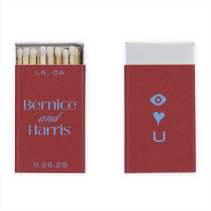 What sentiment is more timeless than the Eye Love You Matchbox?  Customize the cutesy design to create a bespoke memento that will be cherished for years to come. With your choice of colors and test, there is no reason not to create a one of a kind memory. Featured in our Burgundy Wedding theme, match your special occasion with any number of stylish products to create a cohesive vision. 