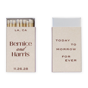 Show how everlasting your love is with the Today, Tomorrow, Forever Matchbox. Customize the matchbox with you and your sweetheart's names to create a bespoke design that exemplifies your commitment to one another. Featured in our Burgundy Wedding theme, match your special occasion with any number of stylish products to create a cohesive vision. 